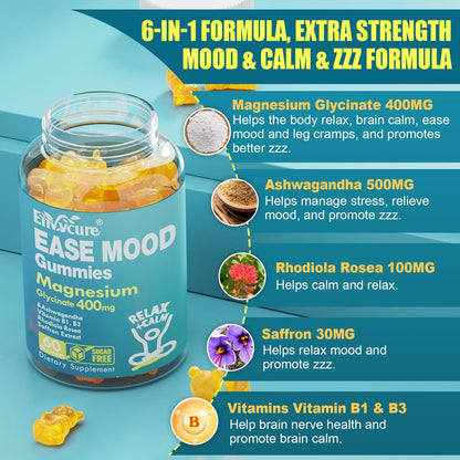 Zuckerfreie Magnesiumglycinat Gummis 400mg mit Ashwagandha, B1, B3, Rhodiola Rosea & Safran – zur Unterstützung von Ruhe, Stimmung & Energie – Magnesium Gummis für Erwachsene, kaubares Magnesiumpräparat, 60 Stück