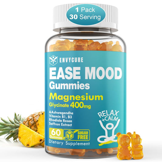 Zuckerfreie Magnesiumglycinat Gummis 400mg mit Ashwagandha, B1, B3, Rhodiola Rosea & Safran – zur Unterstützung von Ruhe, Stimmung & Energie – Magnesium Gummis für Erwachsene, kaubares Magnesiumpräparat, 60 Stück