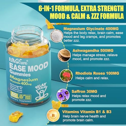 Zuckerfreie Magnesiumglycinat Gummis 400mg mit Ashwagandha, B1, B3, Rhodiola Rosea & Safran – zur Unterstützung von Ruhe, Stimmung & Energie – Magnesium Gummis für Erwachsene, kaubares Magnesiumpräparat, 60 Stück