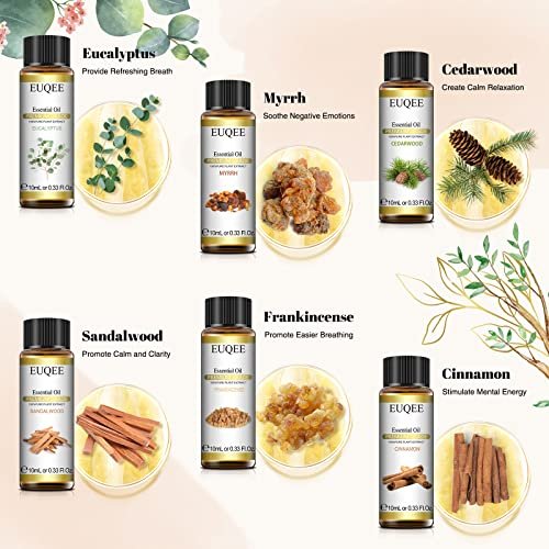 EUQEE 10ml Woody Essential Öle Set – Reine & Naturelle Aromatherapie Öle für Diffuser, Kerzenherstellung, Massage – Eukalyptus, Zedernholz, Sandelholz, Weihrauch, Zimt