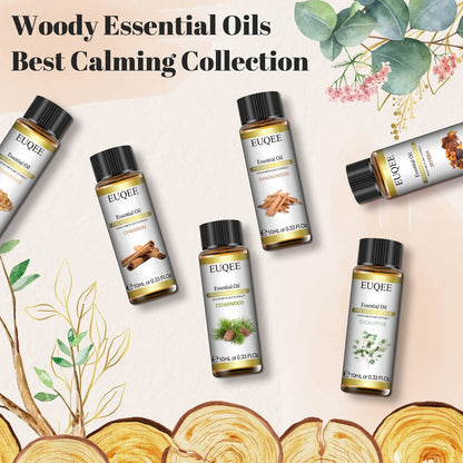 EUQEE 10ml Woody Essential Öle Set – Reine & Naturelle Aromatherapie Öle für Diffuser, Kerzenherstellung, Massage – Eukalyptus, Zedernholz, Sandelholz, Weihrauch, Zimt