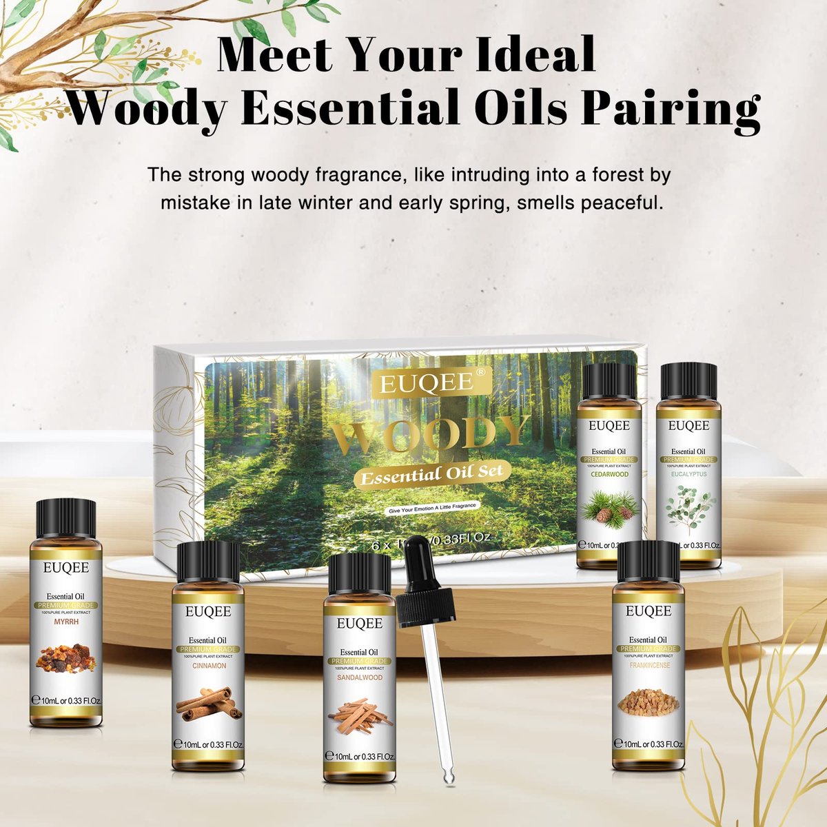 EUQEE 10ml Woody Essential Öle Set – Reine & Naturelle Aromatherapie Öle für Diffuser, Kerzenherstellung, Massage – Eukalyptus, Zedernholz, Sandelholz, Weihrauch, Zimt