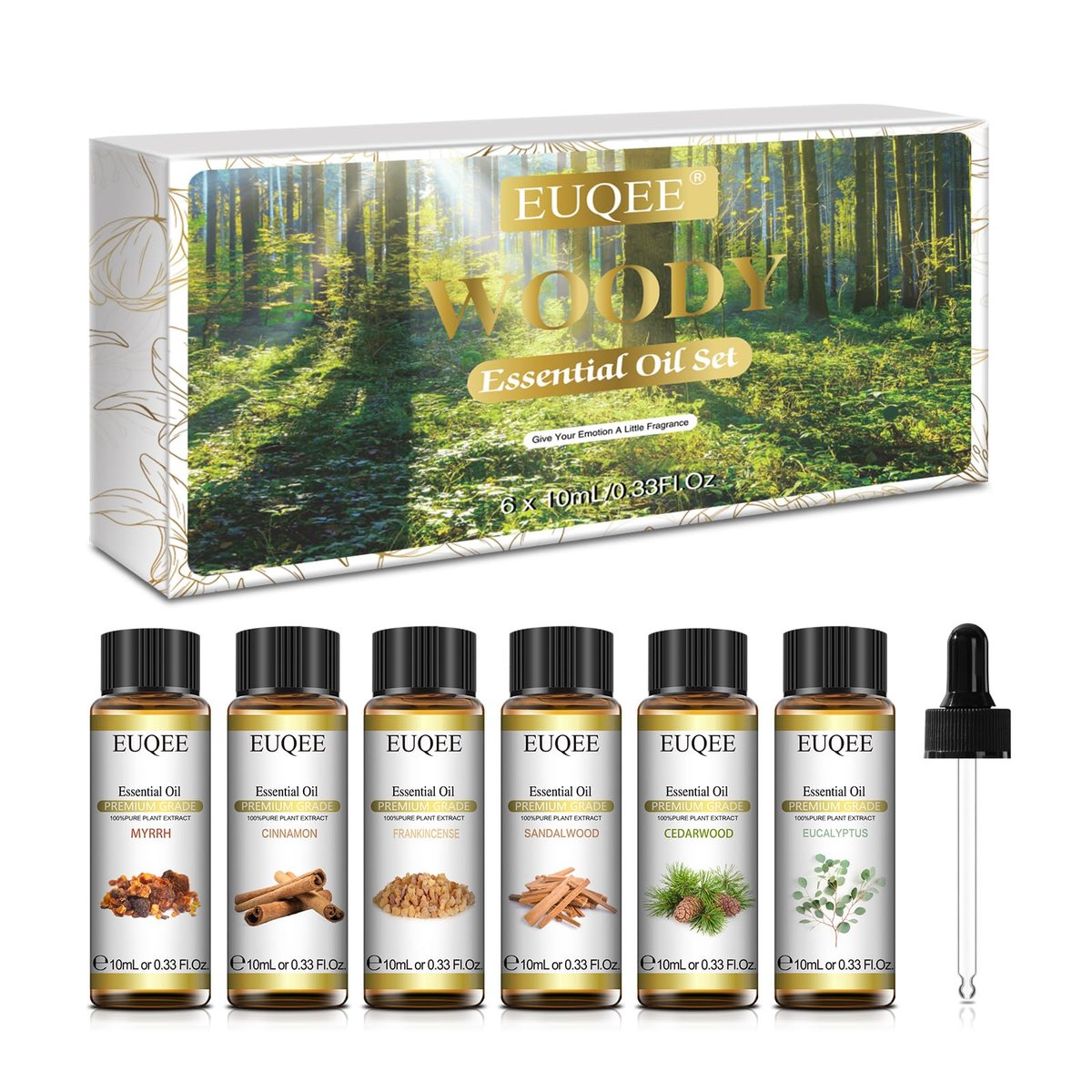 EUQEE 10ml Woody Essential Öle Set – Reine & Naturelle Aromatherapie Öle für Diffuser, Kerzenherstellung, Massage – Eukalyptus, Zedernholz, Sandelholz, Weihrauch, Zimt
