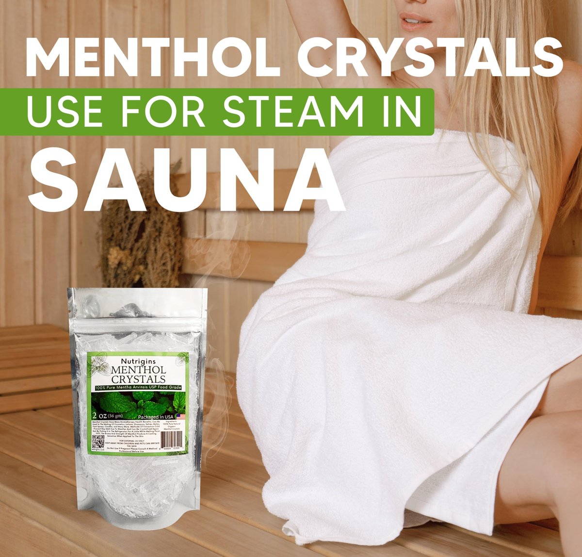 Nutrigins Menthol Kristalle 56g - 100% reine Bio-Mentholkristalle aus Mentha Arvensis, natürliches Pfefferminzöl, wiederverschließbarer Standbeutel