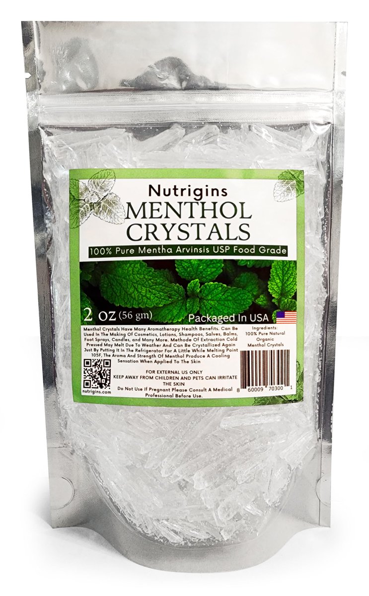 Nutrigins Menthol Kristalle 56g - 100% reine Bio-Mentholkristalle aus Mentha Arvensis, natürliches Pfefferminzöl, wiederverschließbarer Standbeutel