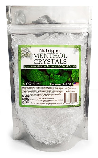 Nutrigins Menthol Kristalle 56g - 100% reine Bio-Mentholkristalle aus Mentha Arvensis, natürliches Pfefferminzöl, wiederverschließbarer Standbeutel