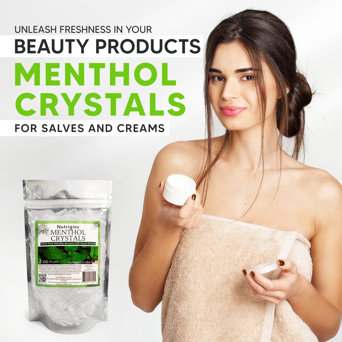 Nutrigins Menthol Kristalle 56g - 100% reine Bio-Mentholkristalle aus Mentha Arvensis, natürliches Pfefferminzöl, wiederverschließbarer Standbeutel