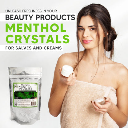 Nutrigins Menthol Kristalle 56g - 100% reine Bio-Mentholkristalle aus Mentha Arvensis, natürliches Pfefferminzöl, wiederverschließbarer Standbeutel