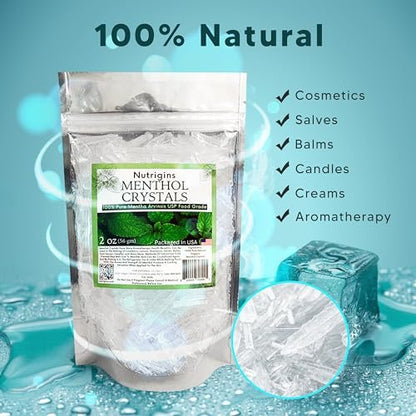 Nutrigins Menthol Kristalle 56g - 100% reine Bio-Mentholkristalle aus Mentha Arvensis, natürliches Pfefferminzöl, wiederverschließbarer Standbeutel