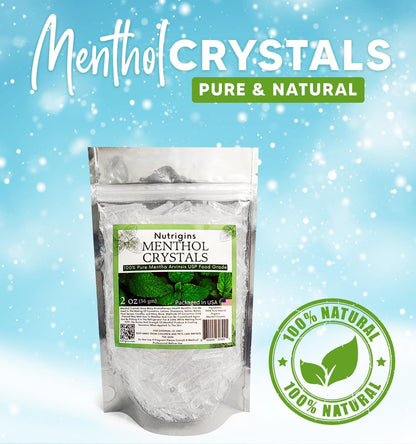 Nutrigins Menthol Kristalle 56g - 100% reine Bio-Mentholkristalle aus Mentha Arvensis, natürliches Pfefferminzöl, wiederverschließbarer Standbeutel