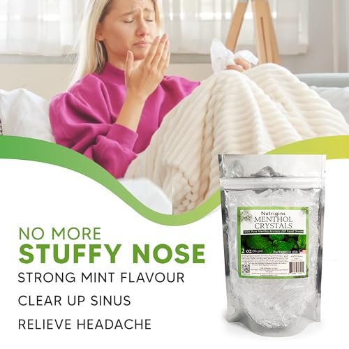 Nutrigins Menthol Kristalle 56g - 100% reine Bio-Mentholkristalle aus Mentha Arvensis, natürliches Pfefferminzöl, wiederverschließbarer Standbeutel