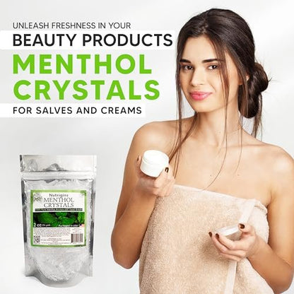 Nutrigins Menthol Kristalle 56g - 100% reine Bio-Mentholkristalle aus Mentha Arvensis, natürliches Pfefferminzöl, wiederverschließbarer Standbeutel