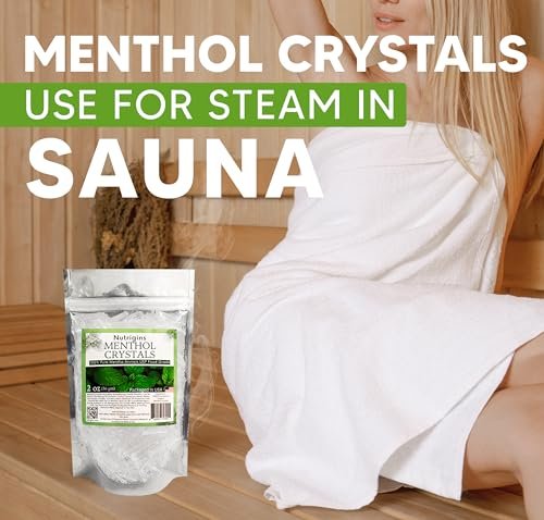 Nutrigins Menthol Kristalle 56g - 100% reine Bio-Mentholkristalle aus Mentha Arvensis, natürliches Pfefferminzöl, wiederverschließbarer Standbeutel