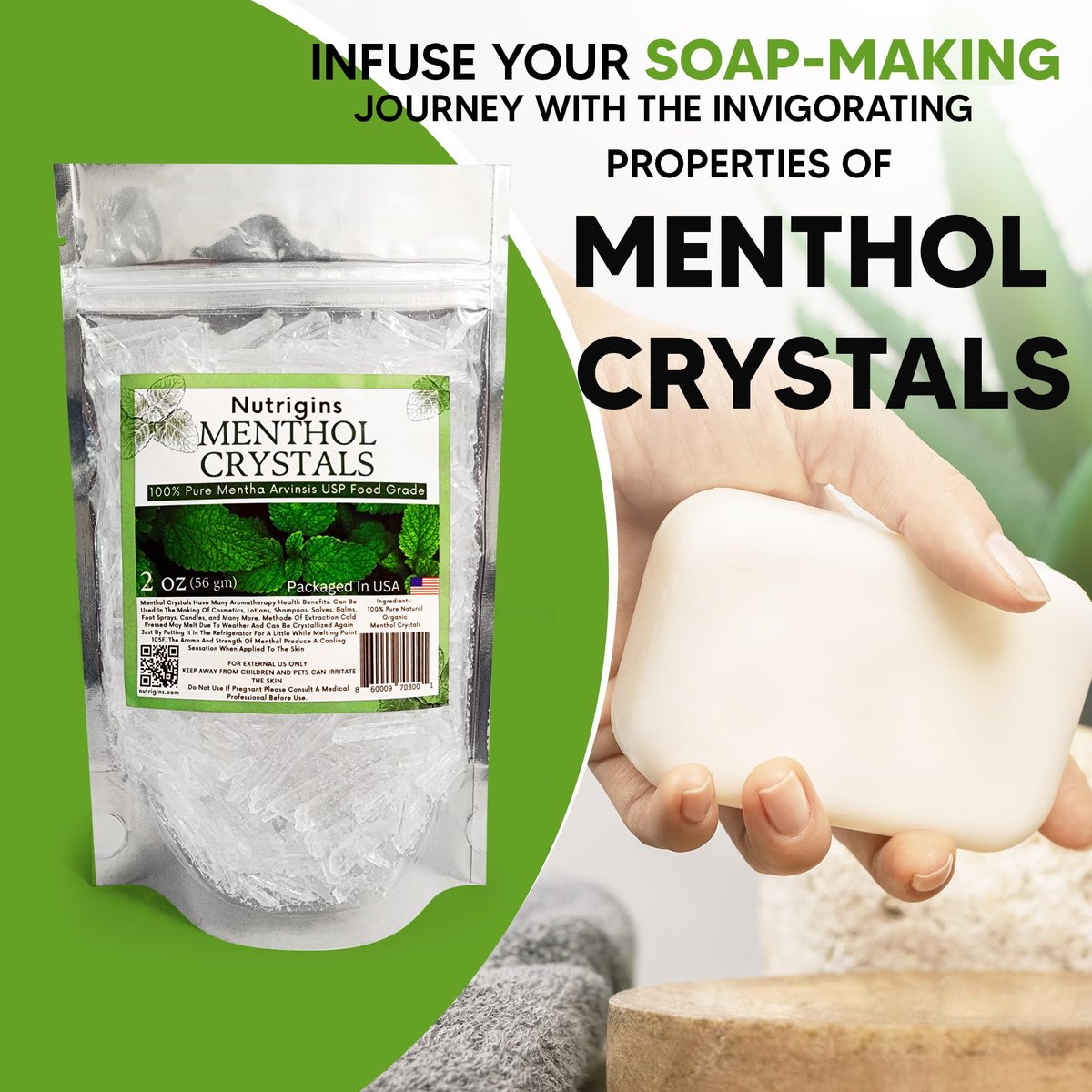 Nutrigins Menthol Kristalle 56g - 100% reine Bio-Mentholkristalle aus Mentha Arvensis, natürliches Pfefferminzöl, wiederverschließbarer Standbeutel