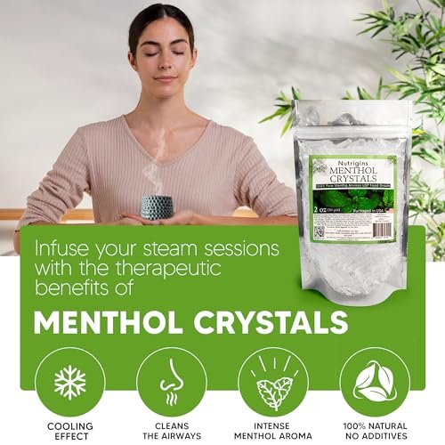 Nutrigins Menthol Kristalle 56g - 100% reine Bio-Mentholkristalle aus Mentha Arvensis, natürliches Pfefferminzöl, wiederverschließbarer Standbeutel