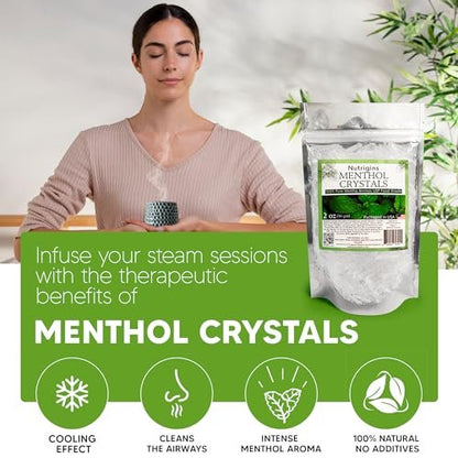 Nutrigins Menthol Kristalle 56g - 100% reine Bio-Mentholkristalle aus Mentha Arvensis, natürliches Pfefferminzöl, wiederverschließbarer Standbeutel