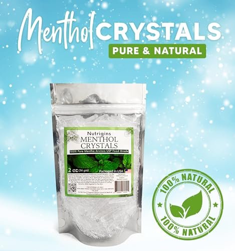 Nutrigins Menthol Kristalle 56g - 100% reine Bio-Mentholkristalle aus Mentha Arvensis, natürliches Pfefferminzöl, wiederverschließbarer Standbeutel