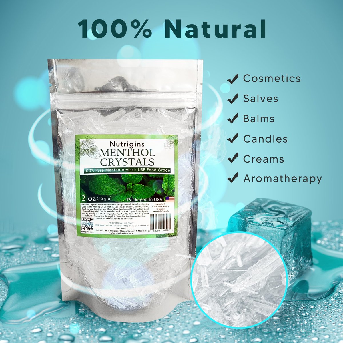 Nutrigins Menthol Kristalle 56g - 100% reine Bio-Mentholkristalle aus Mentha Arvensis, natürliches Pfefferminzöl, wiederverschließbarer Standbeutel