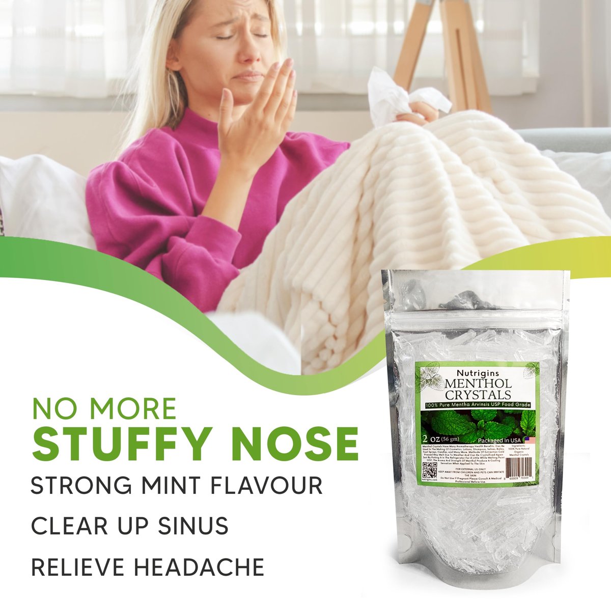 Nutrigins Menthol Kristalle 56g - 100% reine Bio-Mentholkristalle aus Mentha Arvensis, natürliches Pfefferminzöl, wiederverschließbarer Standbeutel