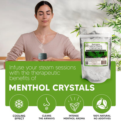 Nutrigins Menthol Kristalle 56g - 100% reine Bio-Mentholkristalle aus Mentha Arvensis, natürliches Pfefferminzöl, wiederverschließbarer Standbeutel