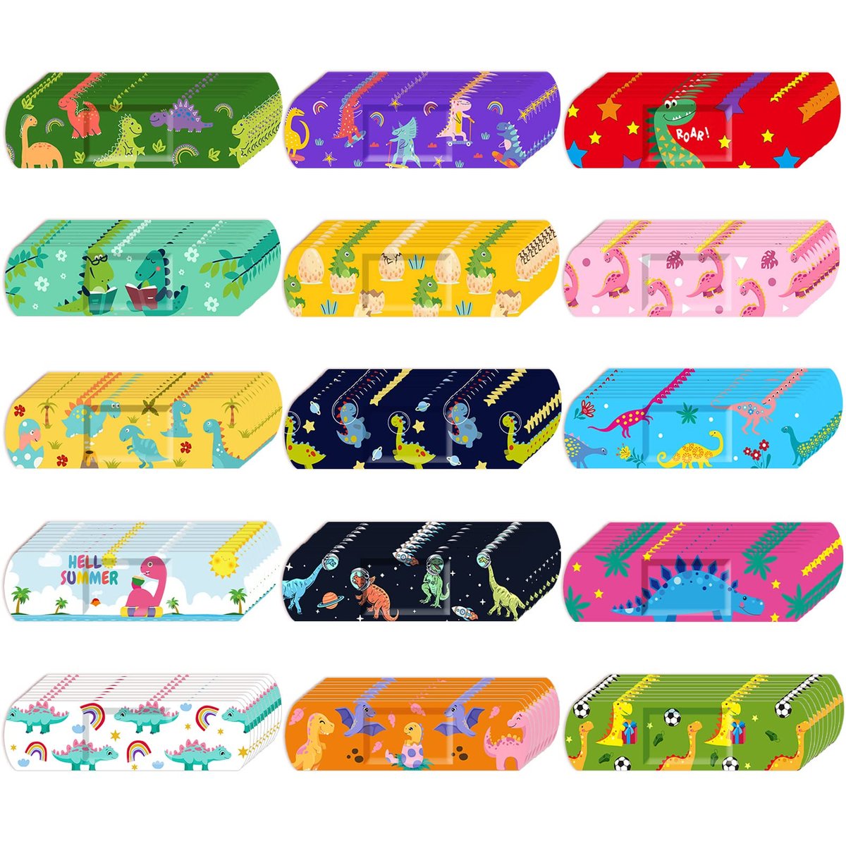 Estune 150 Pcs Kinderpflaster Dinosaurier Bulk 15 Designs Lustige Valentinsgeschenke für Kinder Haftende Bunte Flexible Cartoon Dinosaurier Pflaster Vielfaltspackung für Jungen Mädchen Schüler