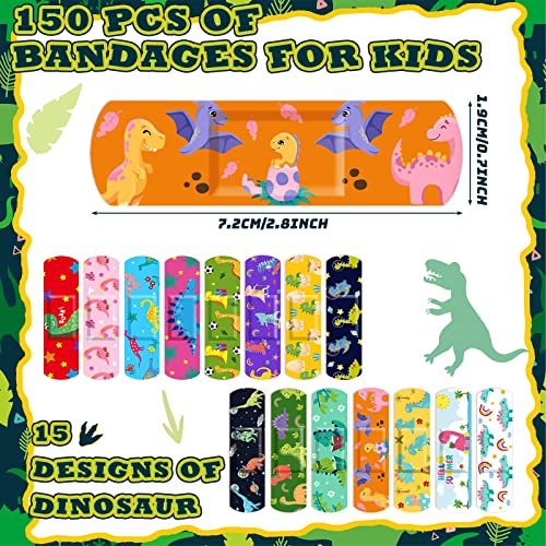 Estune 150 Pcs Kinderpflaster Dinosaurier Bulk 15 Designs Lustige Valentinsgeschenke für Kinder Haftende Bunte Flexible Cartoon Dinosaurier Pflaster Vielfaltspackung für Jungen Mädchen Schüler