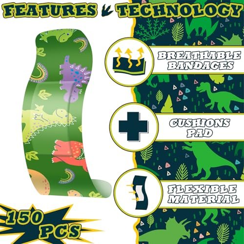 Estune 150 Pcs Kinderpflaster Dinosaurier Bulk 15 Designs Lustige Valentinsgeschenke für Kinder Haftende Bunte Flexible Cartoon Dinosaurier Pflaster Vielfaltspackung für Jungen Mädchen Schüler
