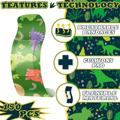 Estune 150 Pcs Kinderpflaster Dinosaurier Bulk 15 Designs Lustige Valentinsgeschenke für Kinder Haftende Bunte Flexible Cartoon Dinosaurier Pflaster Vielfaltspackung für Jungen Mädchen Schüler