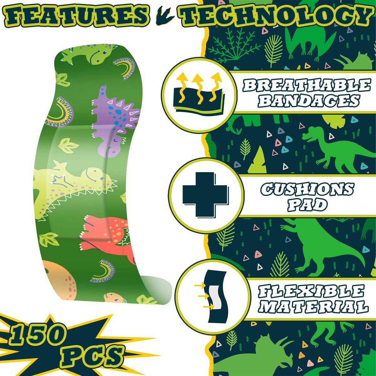 Estune 150 Pcs Kinderpflaster Dinosaurier Bulk 15 Designs Lustige Valentinsgeschenke für Kinder Haftende Bunte Flexible Cartoon Dinosaurier Pflaster Vielfaltspackung für Jungen Mädchen Schüler