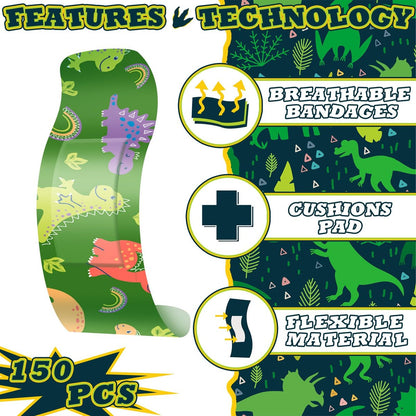 Estune 150 Pcs Kinderpflaster Dinosaurier Bulk 15 Designs Lustige Valentinsgeschenke für Kinder Haftende Bunte Flexible Cartoon Dinosaurier Pflaster Vielfaltspackung für Jungen Mädchen Schüler