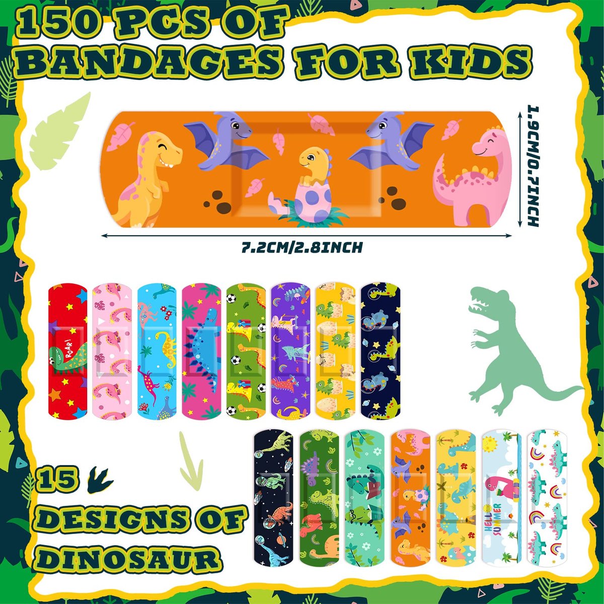 Estune 150 Pcs Kinderpflaster Dinosaurier Bulk 15 Designs Lustige Valentinsgeschenke für Kinder Haftende Bunte Flexible Cartoon Dinosaurier Pflaster Vielfaltspackung für Jungen Mädchen Schüler