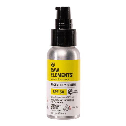 Raw Elements Gesichts- + Körperserum SPF 50 – All-natürlicher mineralischer Sonnenschutz, Riff-sicher, wasserbeständig, Breitspektrum UVA/UVB-Schutz, für alle Altersgruppen geeignet, Reisegröße 59 ml