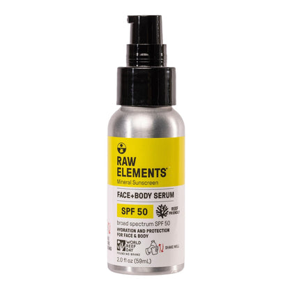 Raw Elements Gesichts- + Körperserum SPF 50 – All-natürlicher mineralischer Sonnenschutz, Riff-sicher, wasserbeständig, Breitspektrum UVA/UVB-Schutz, für alle Altersgruppen geeignet, Reisegröße 59 ml
