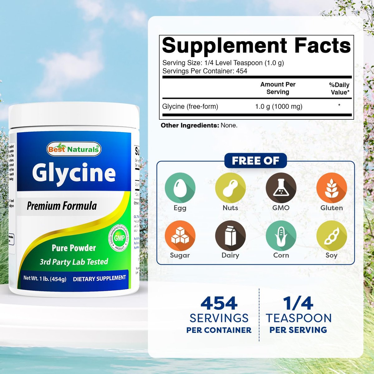 Best Naturals Glycin Pulver 1 Pfund – Unterstützung für Neurotransmitter und Entspannung