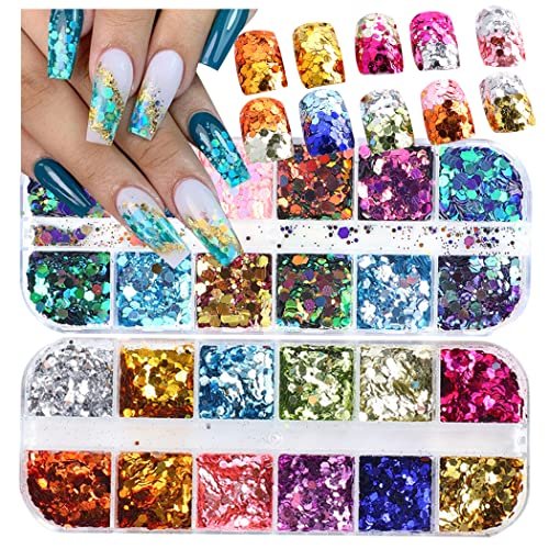 UARUOGP 2 Boxen 24 Farben Chamäleon Holografischer Glitzer Meerjungfrau Nagelkunst Sequins 3D Flakes Laser Gradient Nagelglitzer Design Shiny Glitzerpulver Accessoires für Frauen Maniküre DIY Dekorationen
