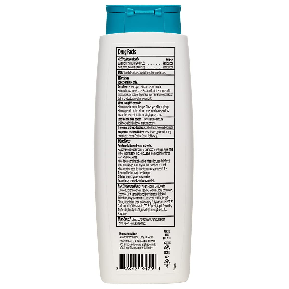 Vamousse Kopf Läuse Abwehr Tägliches Shampoo, homöopathische, pestizidfreie Formel mit Teebaumöl, Schutz nach Exposition für Kinder & Familie, paraben-, sulfat- & farbstofffrei, 400 ml