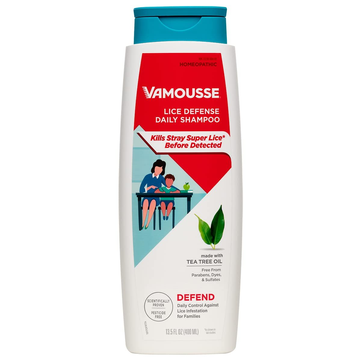 Vamousse Kopf Läuse Abwehr Tägliches Shampoo, homöopathische, pestizidfreie Formel mit Teebaumöl, Schutz nach Exposition für Kinder & Familie, paraben-, sulfat- & farbstofffrei, 400 ml
