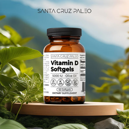 Santa Cruz Paleo Vitamin D3 5000 IE Weichkapseln – Tägliches Nahrungsergänzungsmittel mit Olivenöl für Männer und Frauen, für optimale Aufnahme formuliert, unterstützt die Knochengesundheit, glutenfrei, zuckerfrei, paleo, keto, 60 Stück