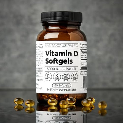 Santa Cruz Paleo Vitamin D3 5000 IE Weichkapseln – Tägliches Nahrungsergänzungsmittel mit Olivenöl für Männer und Frauen, für optimale Aufnahme formuliert, unterstützt die Knochengesundheit, glutenfrei, zuckerfrei, paleo, keto, 60 Stück