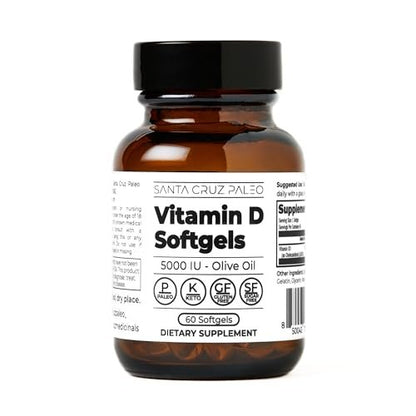 Santa Cruz Paleo Vitamin D3 5000 IE Weichkapseln – Tägliches Nahrungsergänzungsmittel mit Olivenöl für Männer und Frauen, für optimale Aufnahme formuliert, unterstützt die Knochengesundheit, glutenfrei, zuckerfrei, paleo, keto, 60 Stück