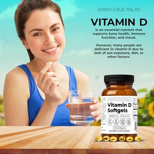 Santa Cruz Paleo Vitamin D3 5000 IE Weichkapseln – Tägliches Nahrungsergänzungsmittel mit Olivenöl für Männer und Frauen, für optimale Aufnahme formuliert, unterstützt die Knochengesundheit, glutenfrei, zuckerfrei, paleo, keto, 60 Stück