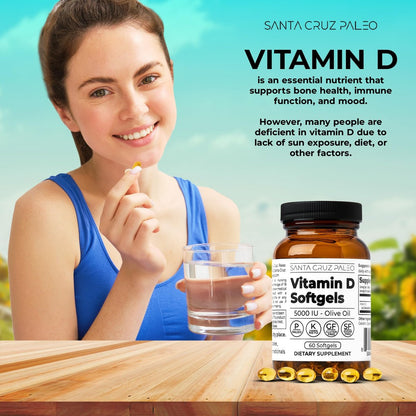 Santa Cruz Paleo Vitamin D3 5000 IE Weichkapseln – Tägliches Nahrungsergänzungsmittel mit Olivenöl für Männer und Frauen, für optimale Aufnahme formuliert, unterstützt die Knochengesundheit, glutenfrei, zuckerfrei, paleo, keto, 60 Stück