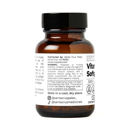 Santa Cruz Paleo Vitamin D3 5000 IE Weichkapseln – Tägliches Nahrungsergänzungsmittel mit Olivenöl für Männer und Frauen, für optimale Aufnahme formuliert, unterstützt die Knochengesundheit, glutenfrei, zuckerfrei, paleo, keto, 60 Stück