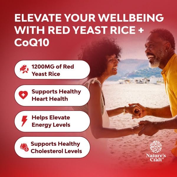Roter Reis mit CoQ10 Kapseln - Fortschrittliche Herzgesundheit & gesunder Cholesterinspiegel für Männer & Frauen - Rote Reis Kapseln mit 1200 mg pro Portion und CoQ10 - 60 Kapseln