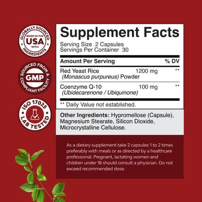 Roter Reis mit CoQ10 Kapseln - Fortschrittliche Herzgesundheit & gesunder Cholesterinspiegel für Männer & Frauen - Rote Reis Kapseln mit 1200 mg pro Portion und CoQ10 - 60 Kapseln