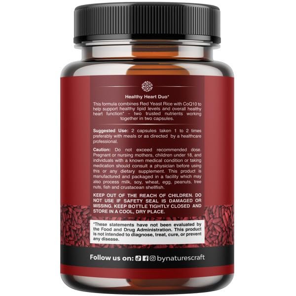 Roter Reis mit CoQ10 Kapseln - Fortschrittliche Herzgesundheit & gesunder Cholesterinspiegel für Männer & Frauen - Rote Reis Kapseln mit 1200 mg pro Portion und CoQ10 - 60 Kapseln