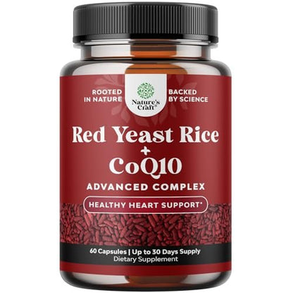 Roter Reis mit CoQ10 Kapseln - Fortschrittliche Herzgesundheit & gesunder Cholesterinspiegel für Männer & Frauen - Rote Reis Kapseln mit 1200 mg pro Portion und CoQ10 - 60 Kapseln