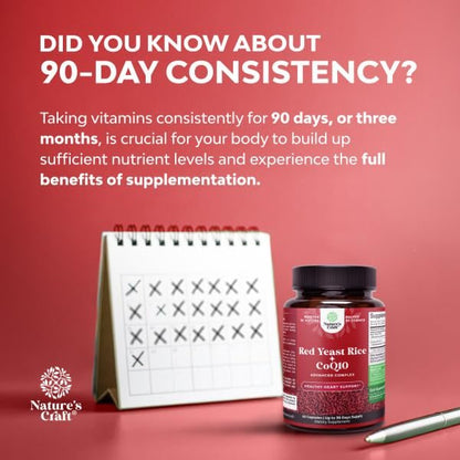 Roter Reis mit CoQ10 Kapseln - Fortschrittliche Herzgesundheit & gesunder Cholesterinspiegel für Männer & Frauen - Rote Reis Kapseln mit 1200 mg pro Portion und CoQ10 - 60 Kapseln