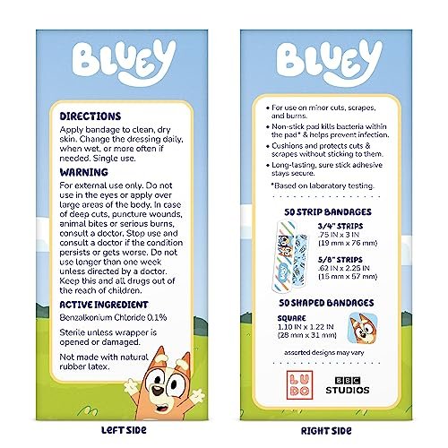 Bluey Kinderpflaster, 3 verschiedene Größen, 100 Stück | Haften wie Aufkleber, flexible Wundpflaster für kleine Schnitte, Schürfwunden und Verbrennungen
