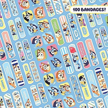 Bluey Kinderpflaster, 3 verschiedene Größen, 100 Stück | Haften wie Aufkleber, flexible Wundpflaster für kleine Schnitte, Schürfwunden und Verbrennungen